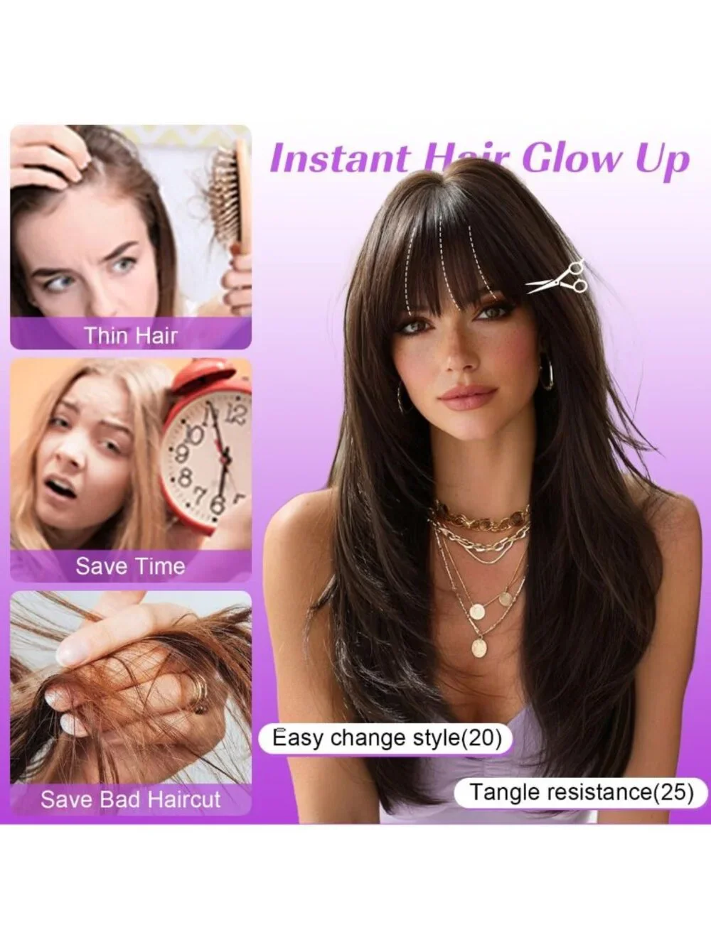 26-Inch Long Brown Layered Wig with Bangs - Straight Synthetic Hair for Women